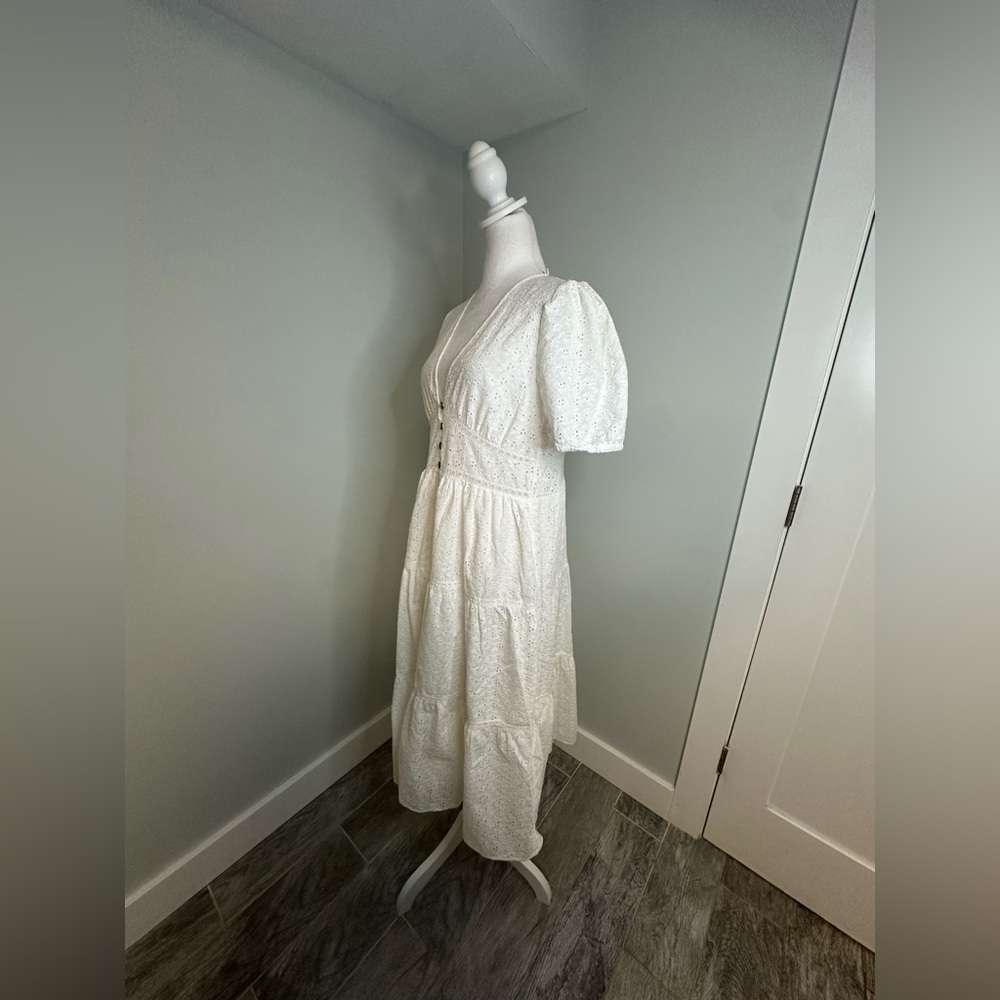 Zara White Lace Eyelet Boho Coastal Cottagecore Prairie Midi Dress Size Large - Picture 7 of 17